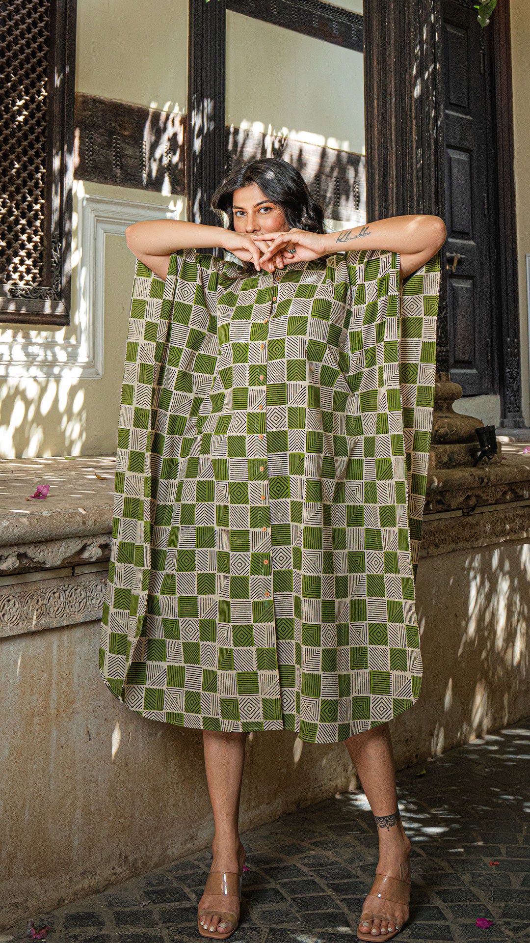 Green/Black Geometric Print Cotton Kaftan