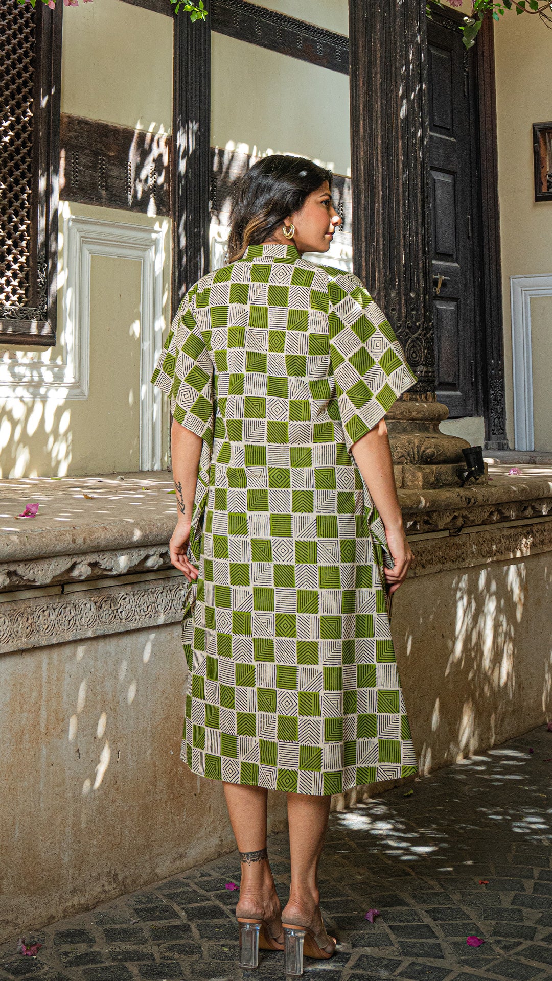 Green/Black Geometric Print Cotton Kaftan