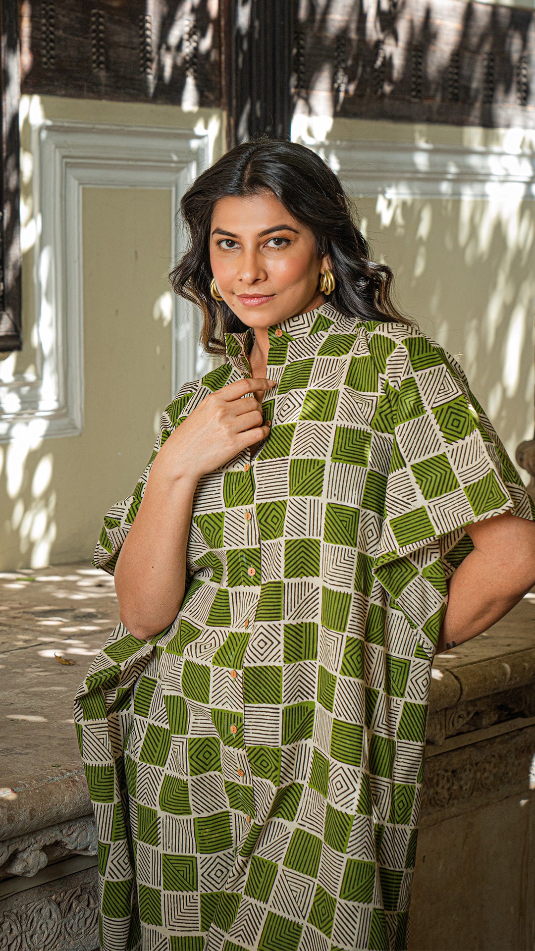 Green/Black Geometric Print Cotton Kaftan