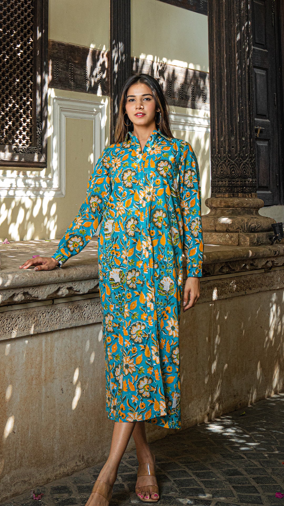 Zilmil Sanganeri Print Cotton Shirt Dress - Turquoise