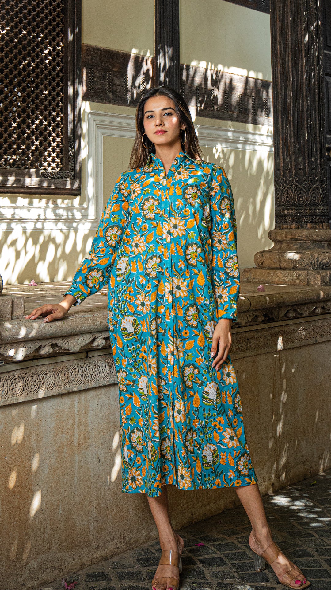 Zilmil Sanganeri Print Cotton Shirt Dress - Turquoise