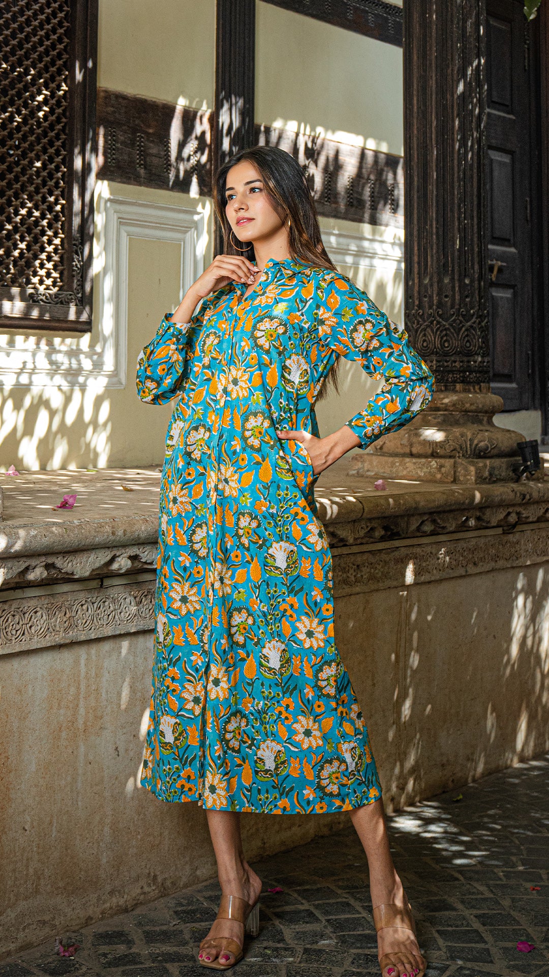 Zilmil Sanganeri Print Cotton Shirt Dress - Turquoise