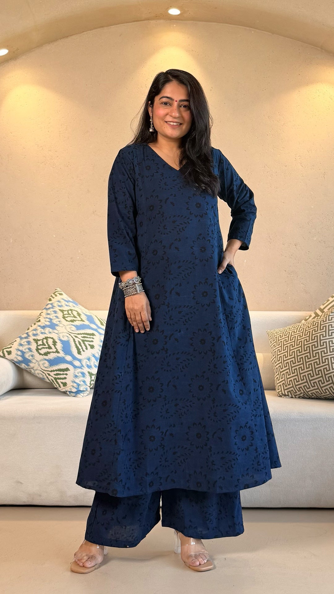 Mishti Ajrakh Cotton Hand Block Kurta Set- Indigo/Black