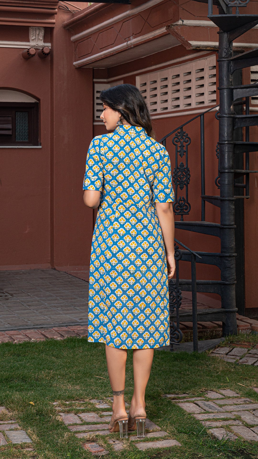 Ayeza Sanganeri Hand Block Cotton Shirt Dress : Blue-Yellow Motifs