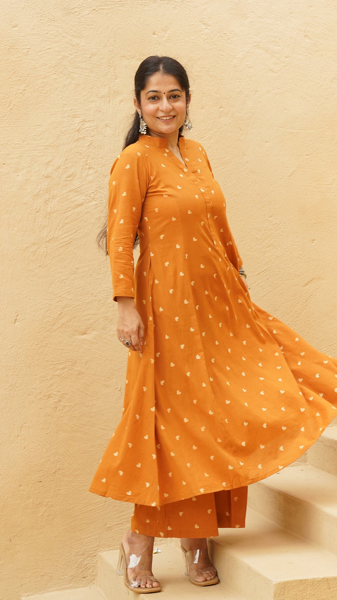 Little Hearts - Hand Block Kali Cotton Kurta - Rust