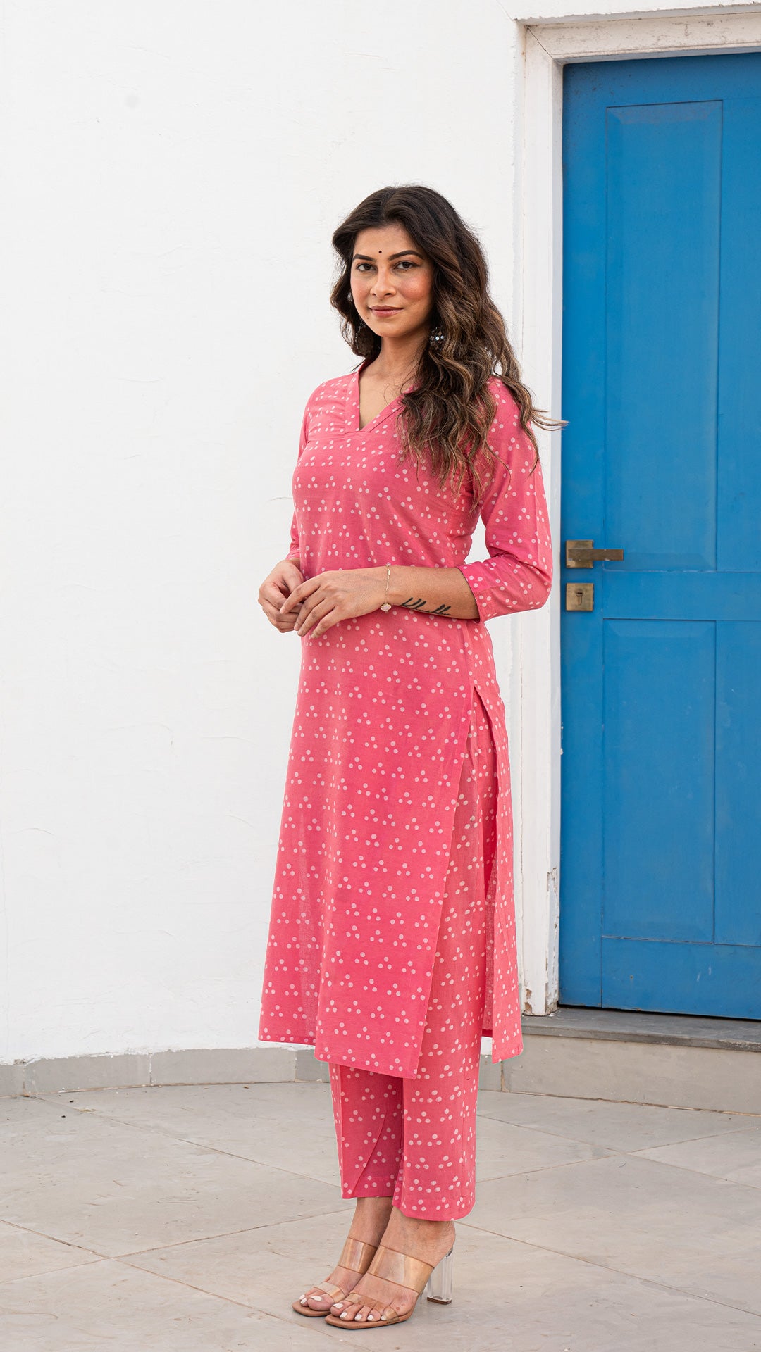 Inika Dabu Polka Dots Kurta In Pink