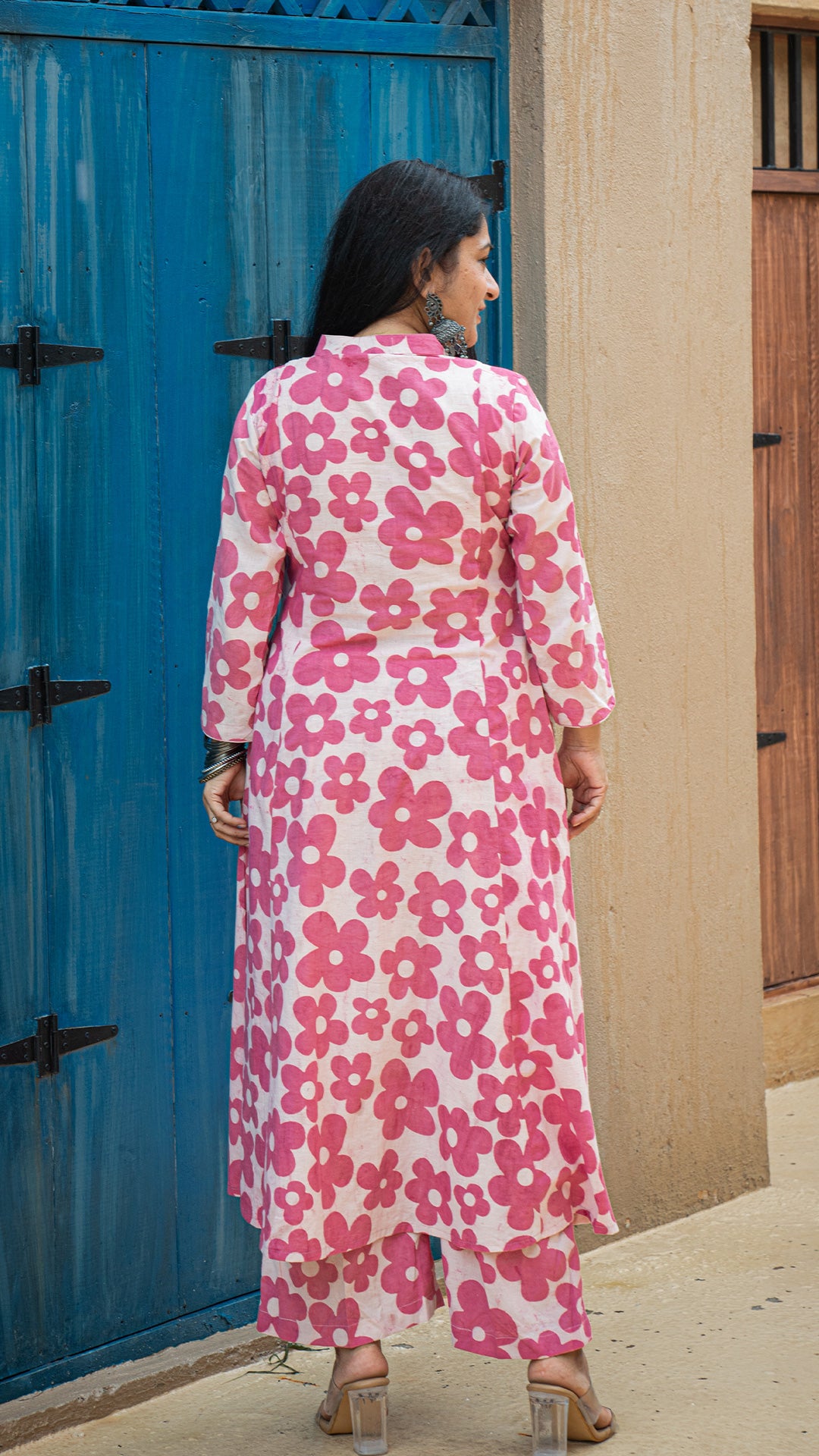 Aashna - Pink Floral Kali Kurta In Cotton