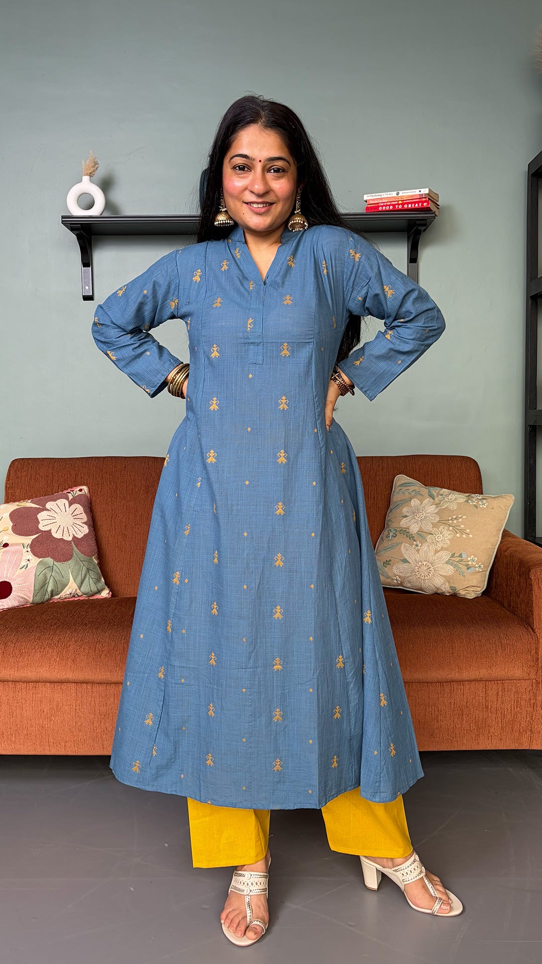 Natasha Blue Hand Woven Kali Cotton Kurta