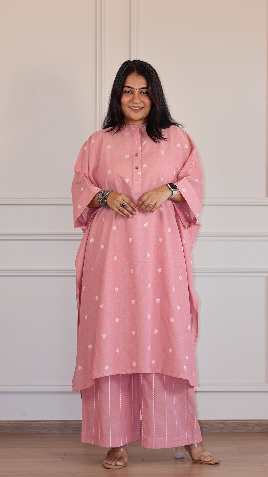 Hearts Handwoven Cotton Kaftan Co-ord - Pink