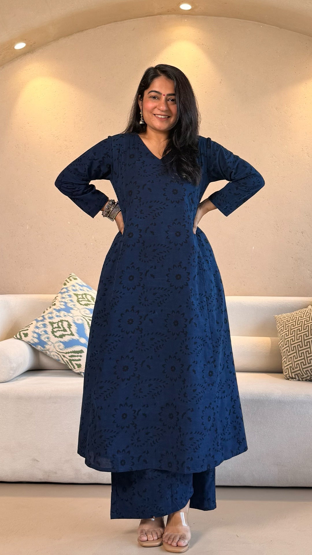 Mishti Ajrakh Cotton Hand Block Kurta Set- Indigo/Black