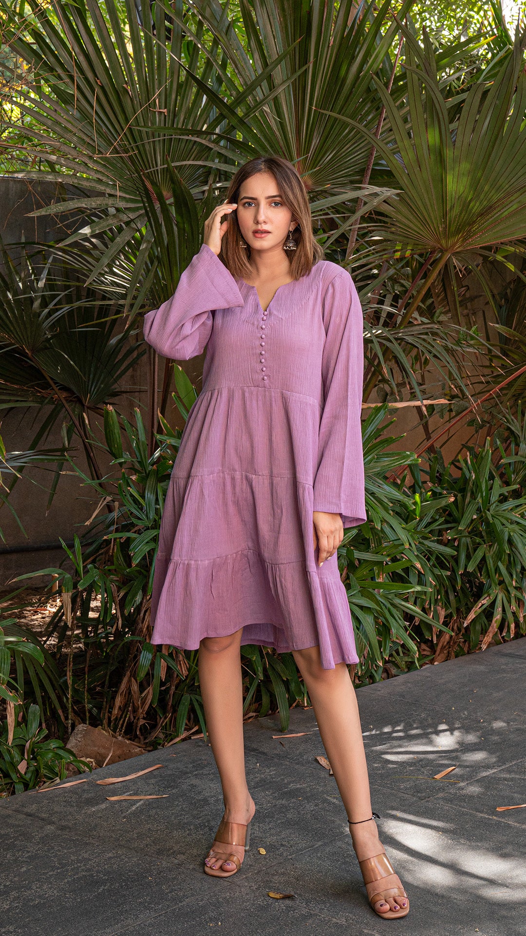 Trishla Tier Dress In Crinkled Cotton - Lavender
