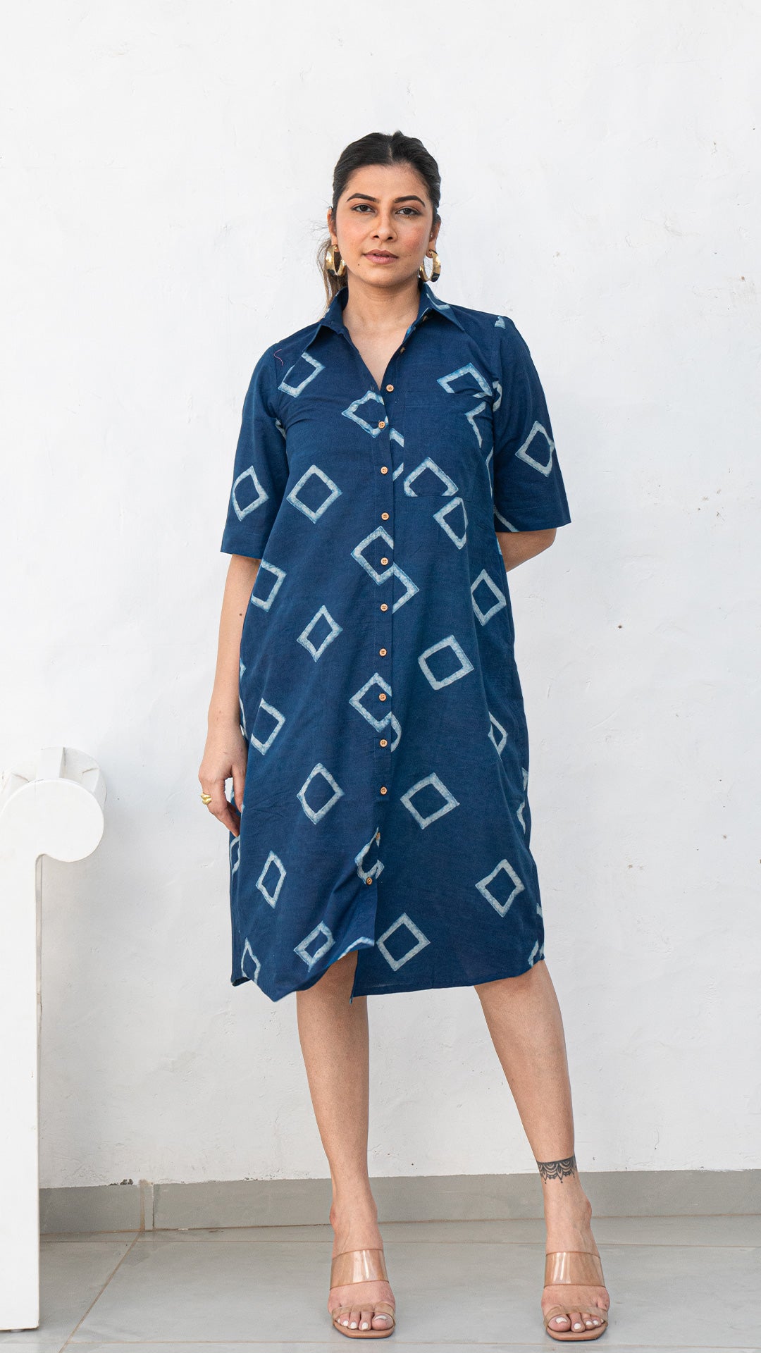 Aashna Indigo Hand Block Cotton Shirt Dress