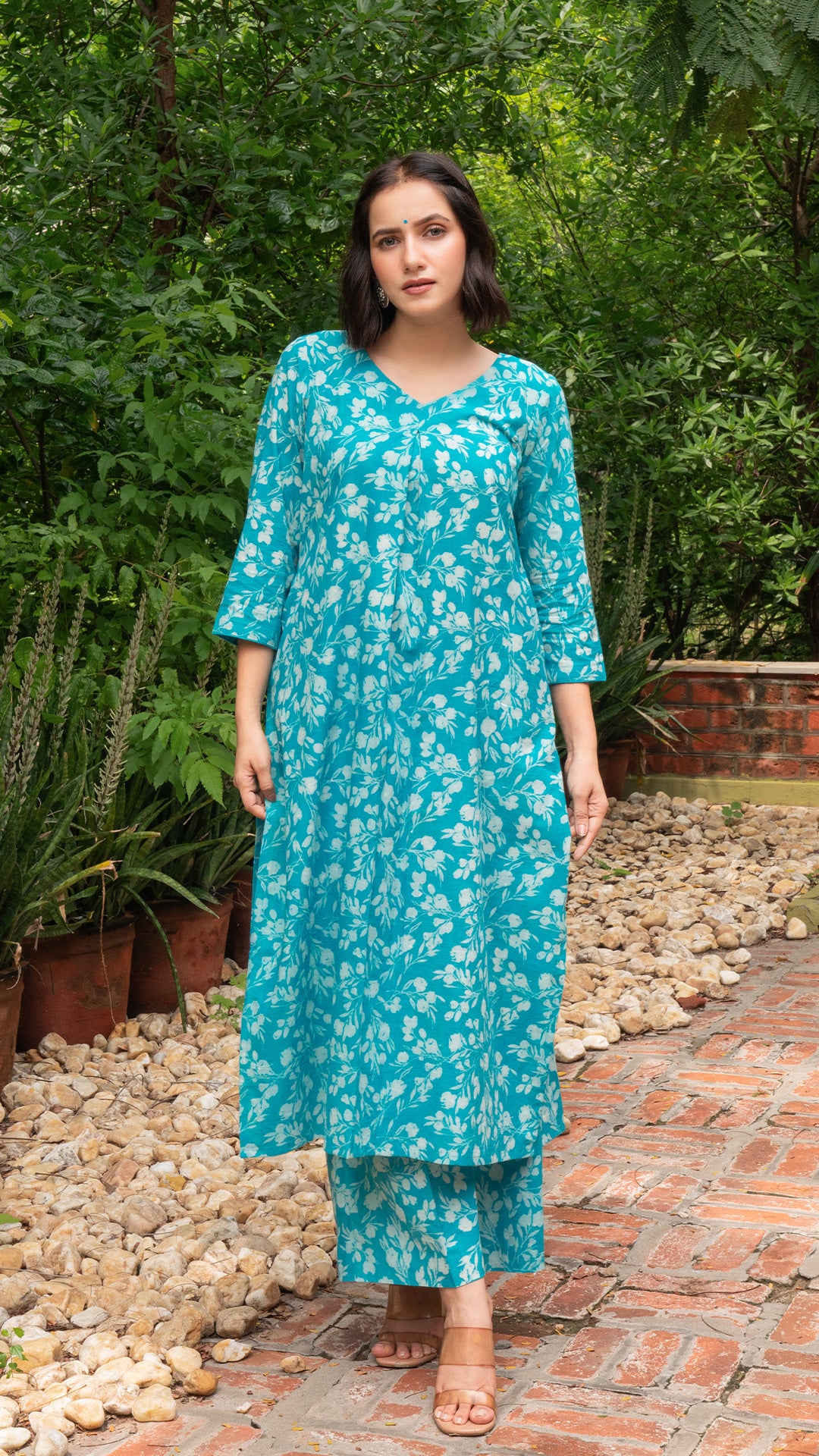 Turquoise Dabu Hand Block Cotton Kurta