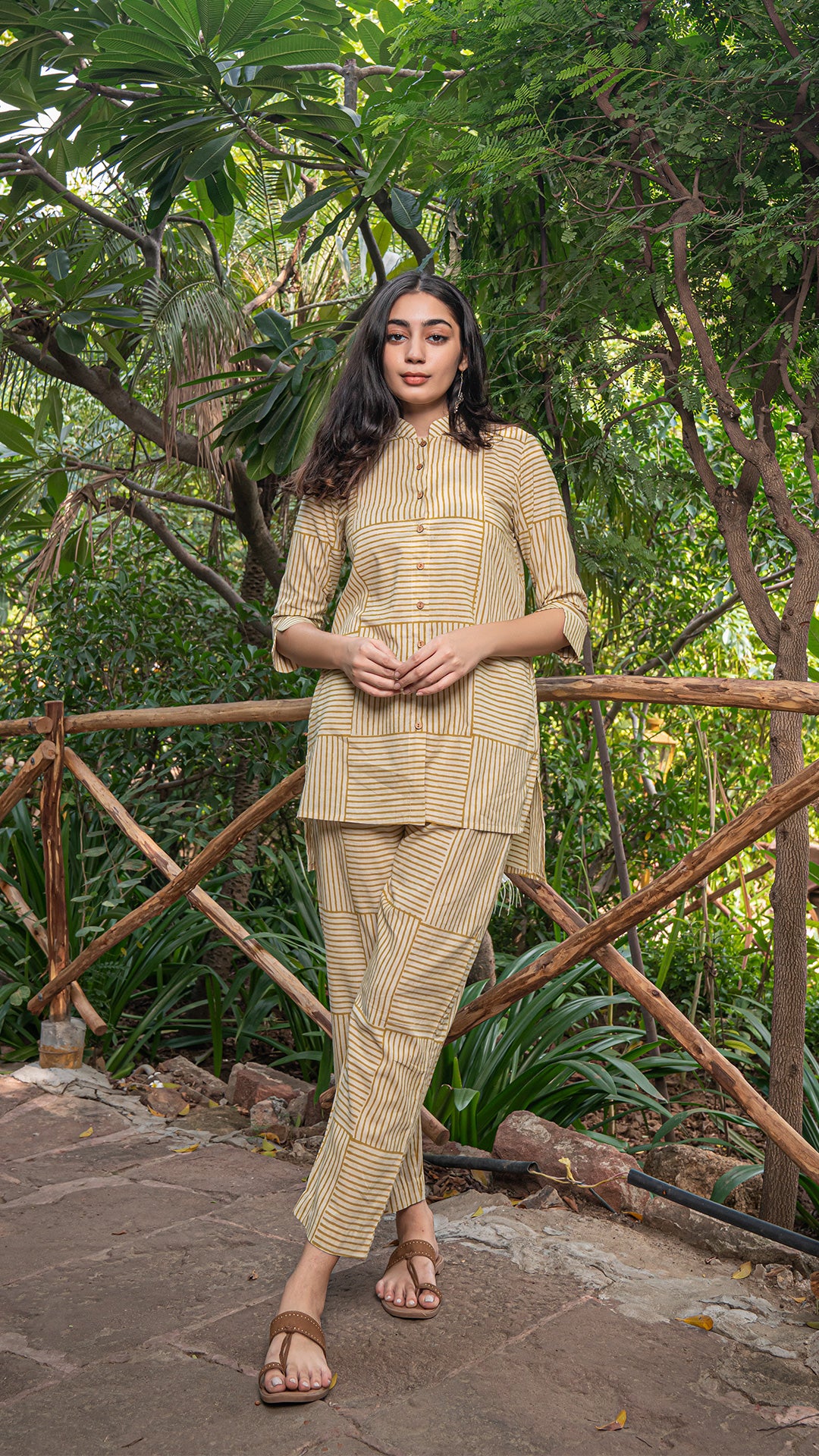 Kanika Bagru High/Low Co-ord Set In Cotton - Mustard Stripes