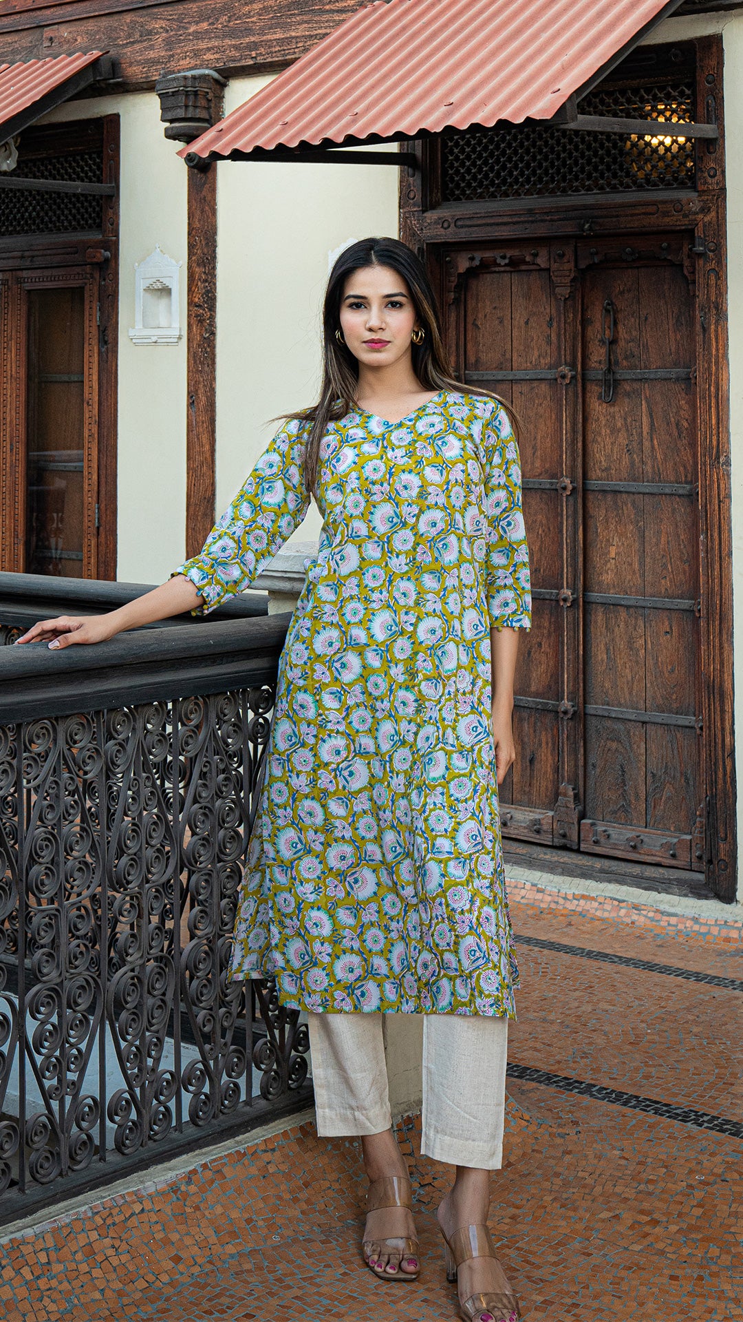 Aastha Sanganeri Hand Block Kurta - Lime