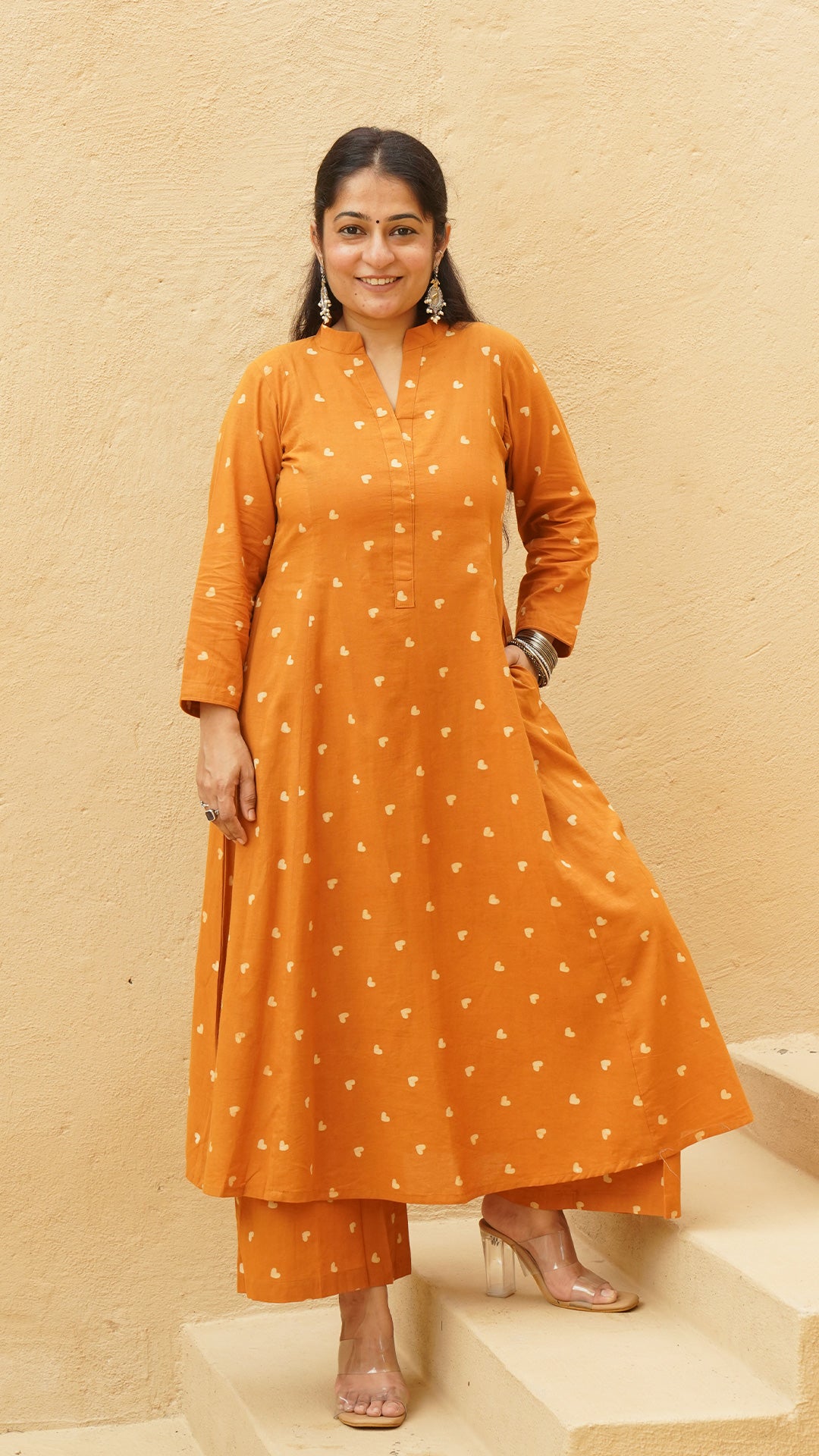 Little Hearts - Hand Block Kali Cotton Kurta - Rust