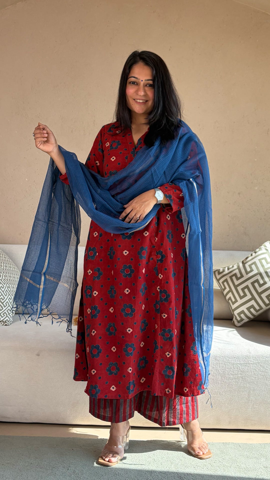 Aarna Ajrakh Kali Kurta In Cotton - Red Floral
