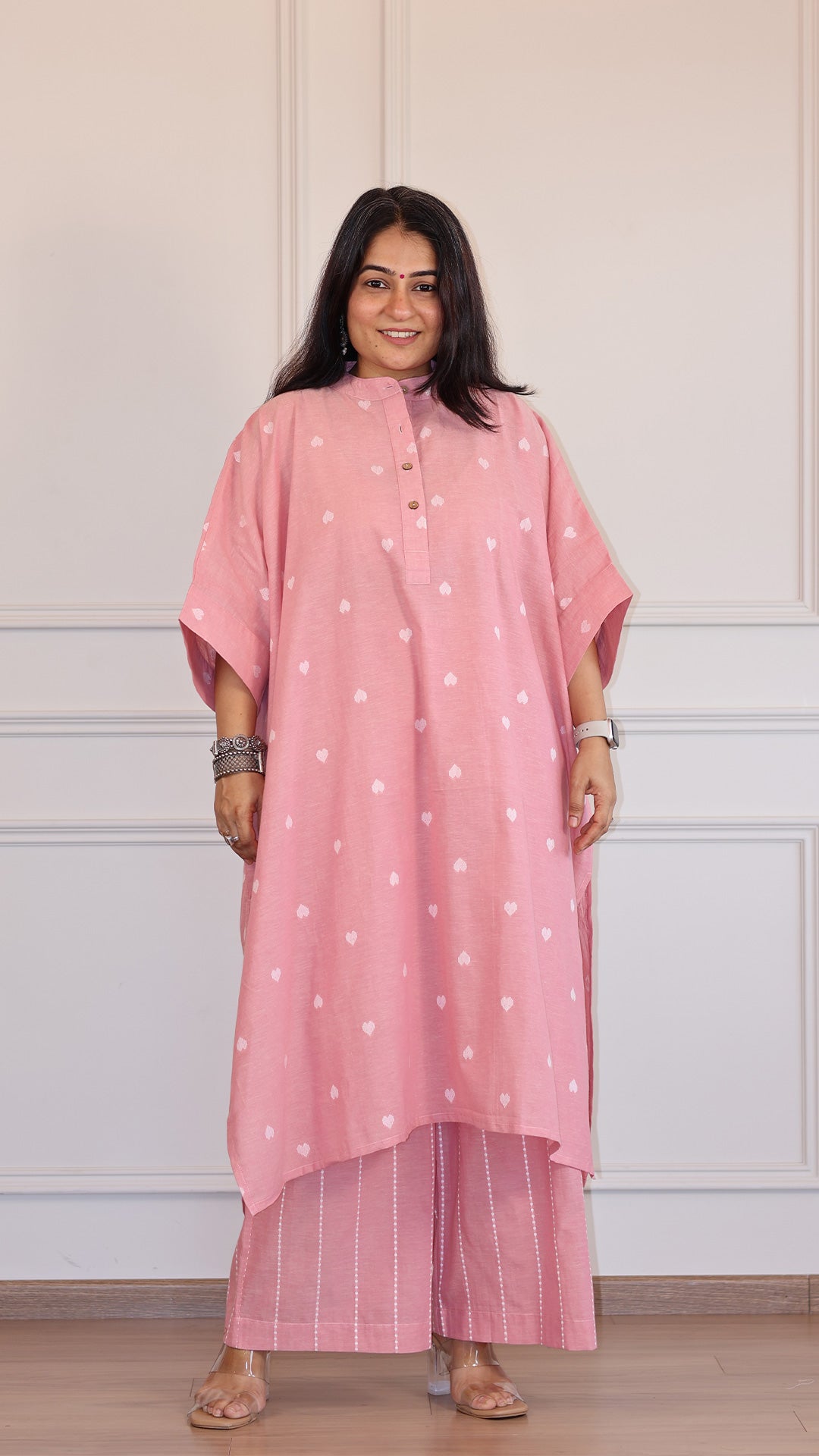 Hearts Handwoven Cotton Kaftan Co-ord - Pink
