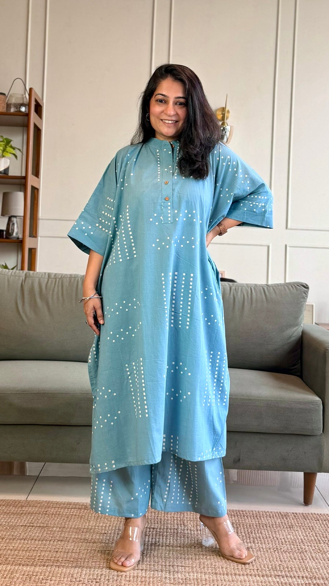 Aarvi Kaftan Co-ord In Cotton - Sky Blue
