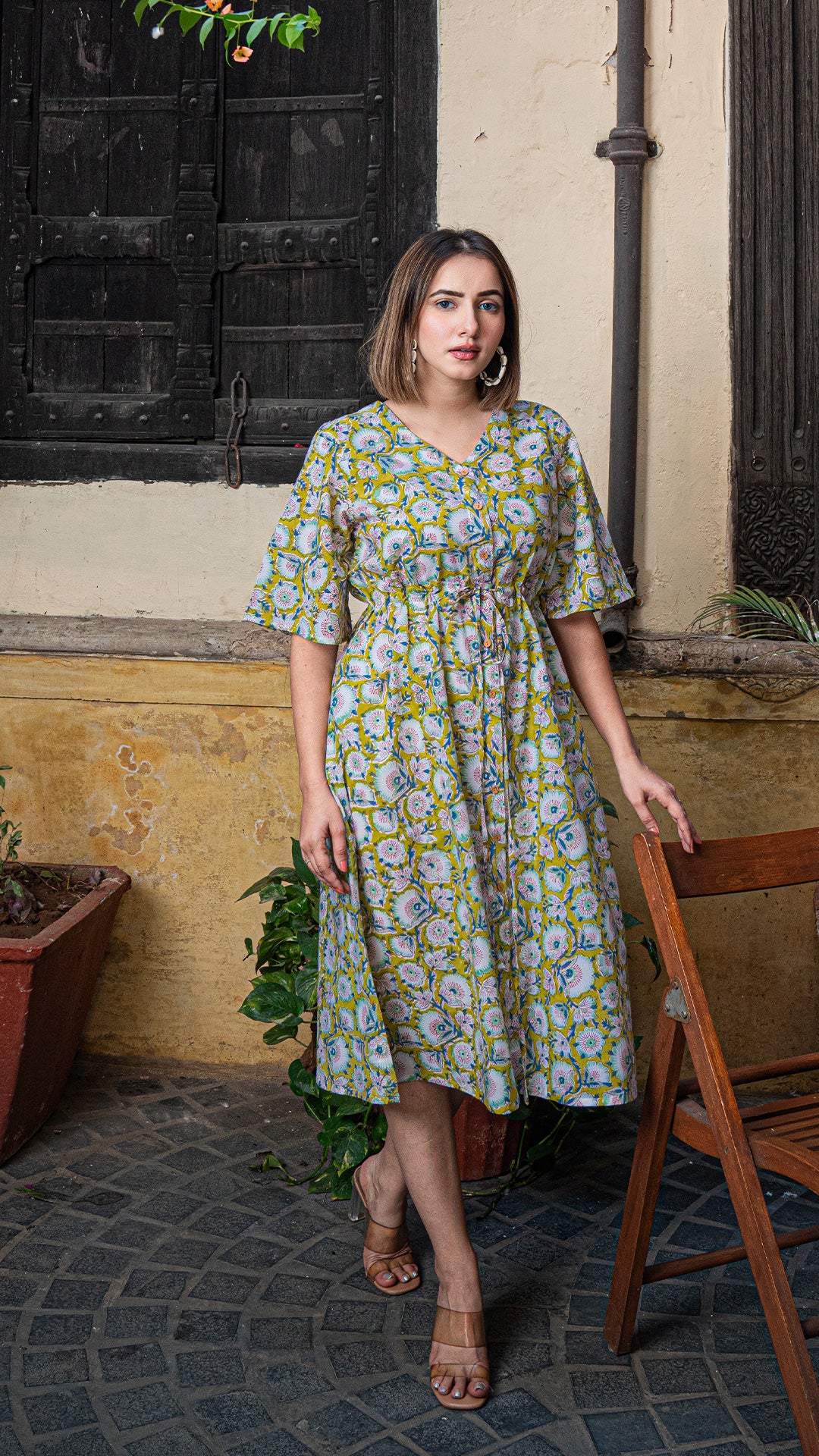 Aarya Sanganeri Print Cotton Shirt Dress - Pale Yellow