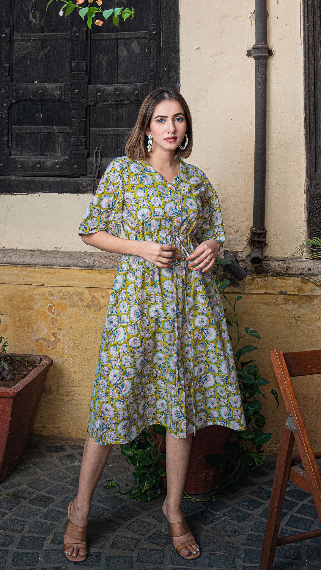 Aarya Sanganeri Print Cotton Shirt Dress - Pale Yellow