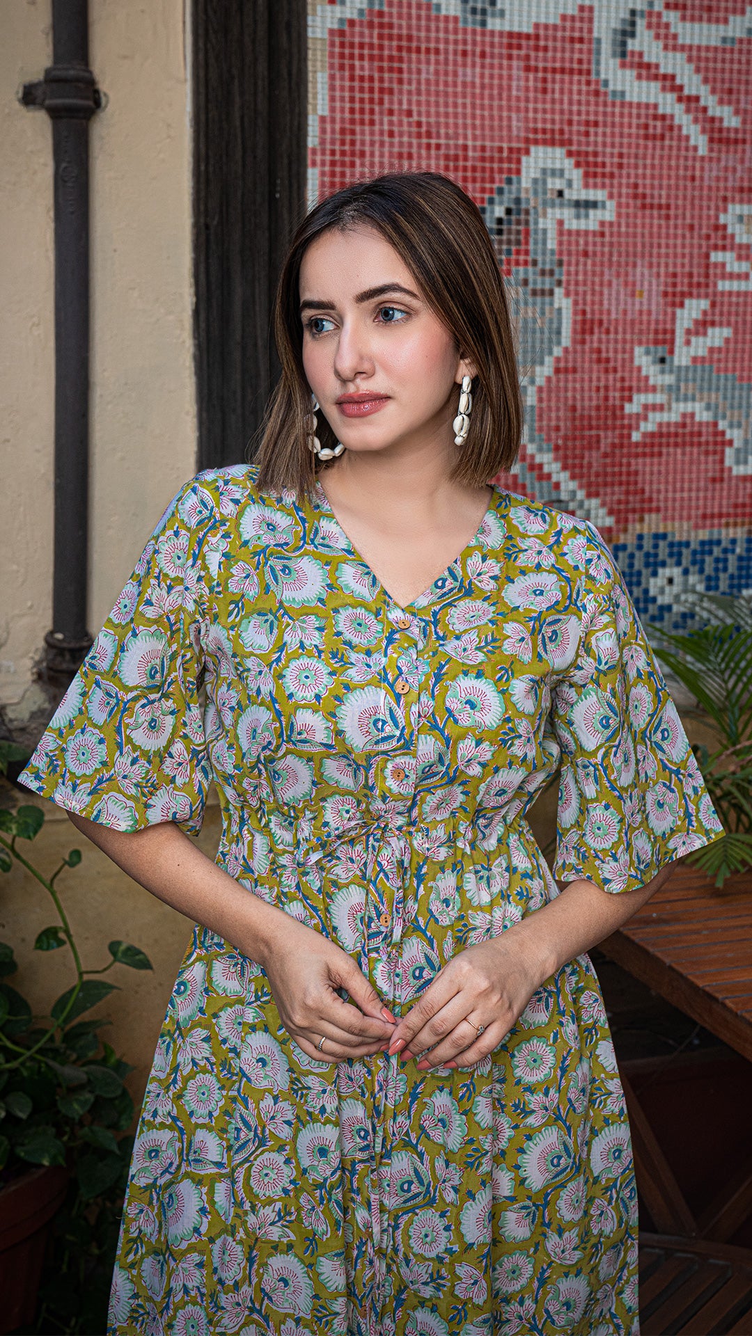 Aarya Sanganeri Print Cotton Shirt Dress - Pale Yellow