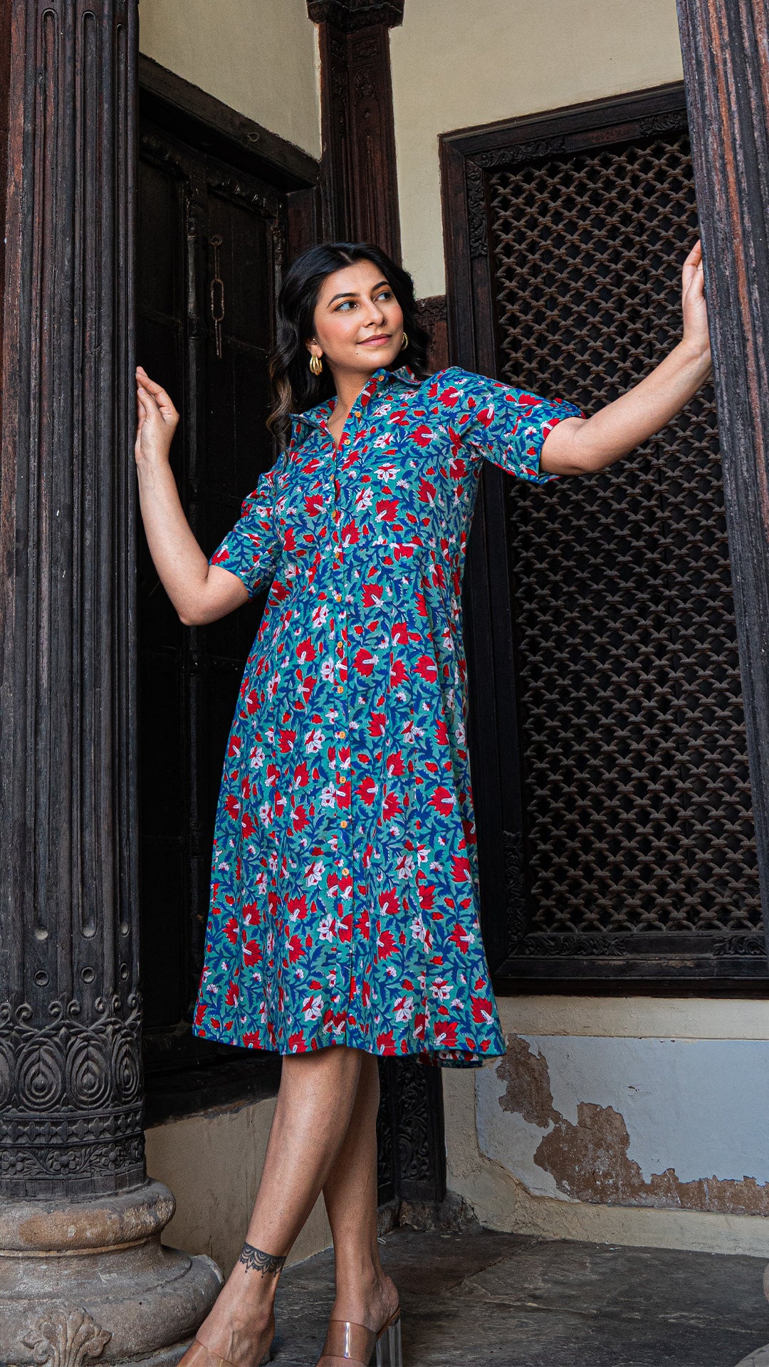 Suhani Sanganeri Hand Block Cotton Shirt Dress - Blue/Red