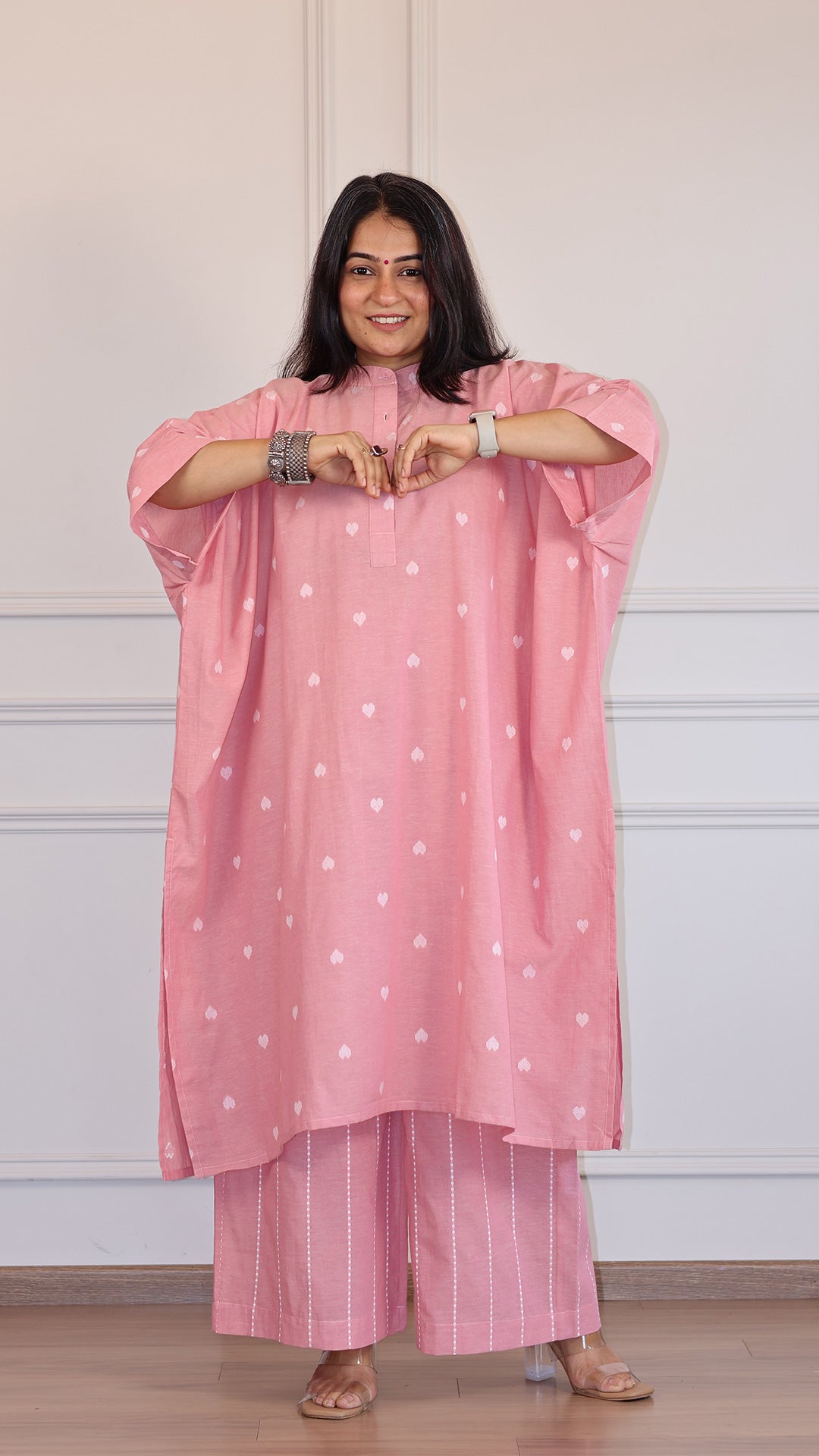 Hearts Handwoven Cotton Kaftan Co-ord - Pink