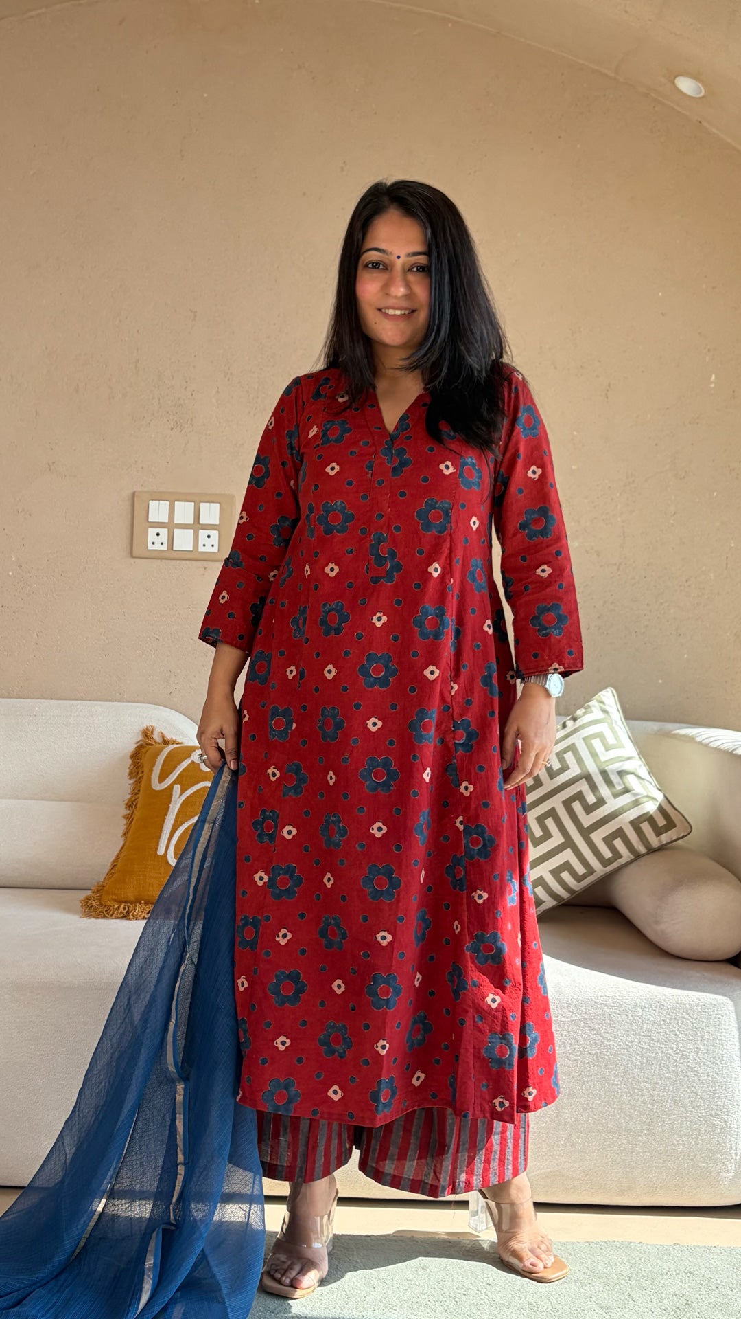 Aarna Ajrakh Kali Kurta In Cotton - Red Floral