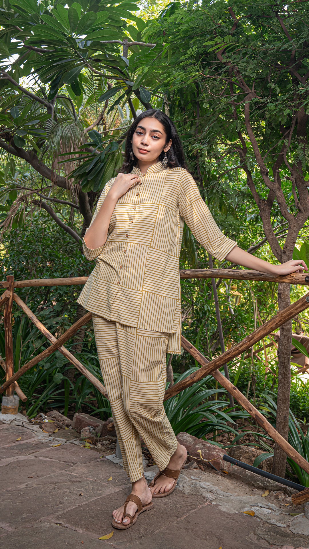 Kanika Bagru High/Low Co-ord Set In Cotton - Mustard Stripes