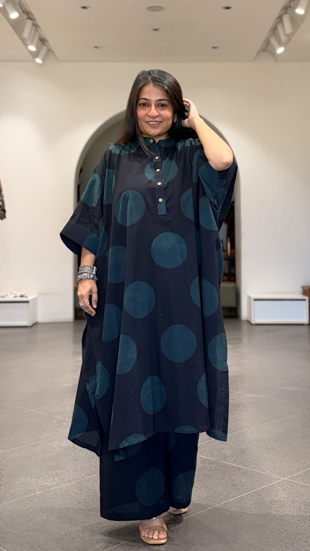 Indigo/Black Polka Dots Ajrakh Cotton Kaftan Co-ord