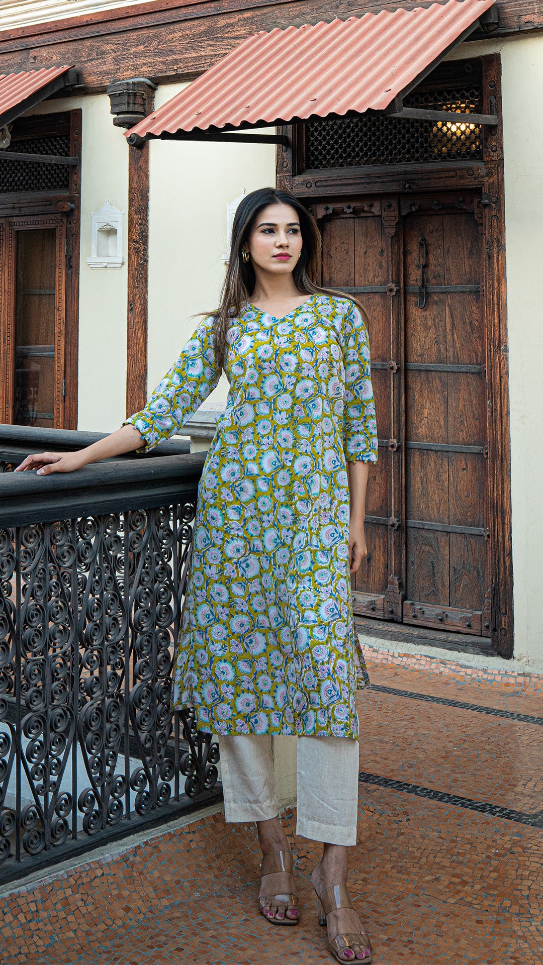 Aastha Sanganeri Hand Block Kurta - Lime