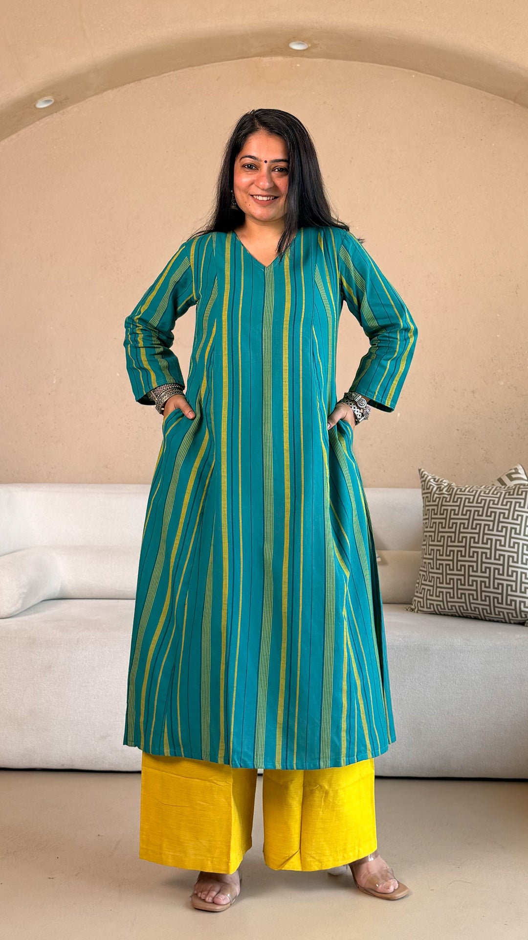 Inaya Handwoven Cotton Kurta- Turquoise/Yellow