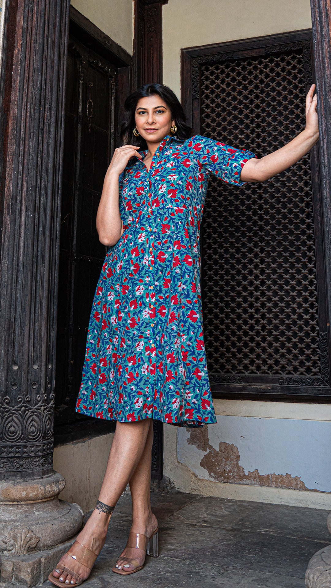 Suhani Sanganeri Hand Block Cotton Shirt Dress - Blue/Red