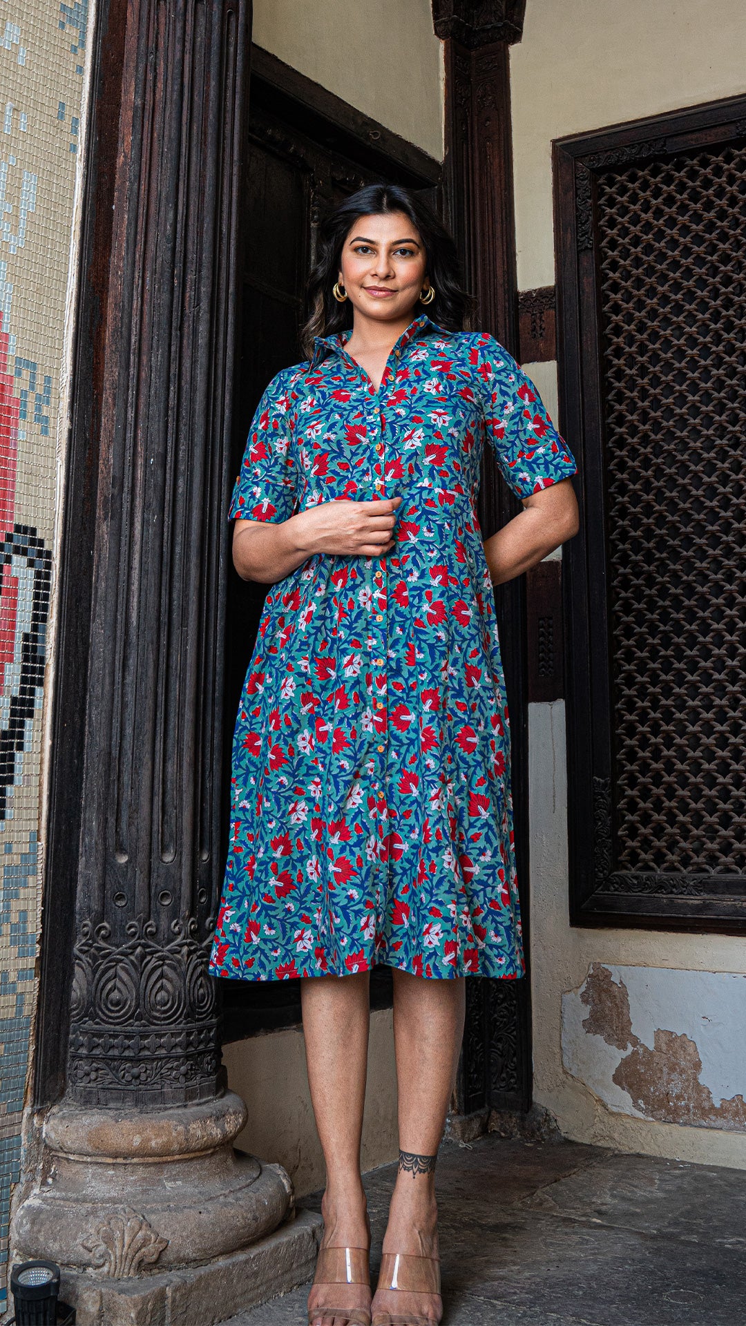 Suhani Sanganeri Hand Block Cotton Shirt Dress - Blue/Red