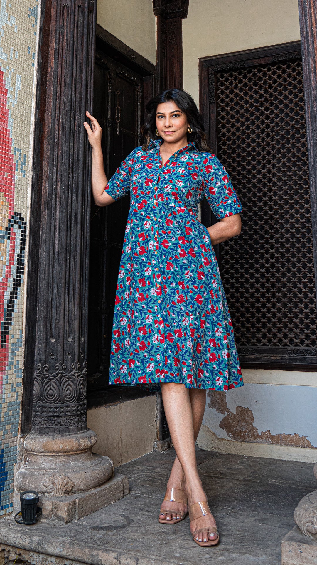 Suhani Sanganeri Hand Block Cotton Shirt Dress - Blue/Red