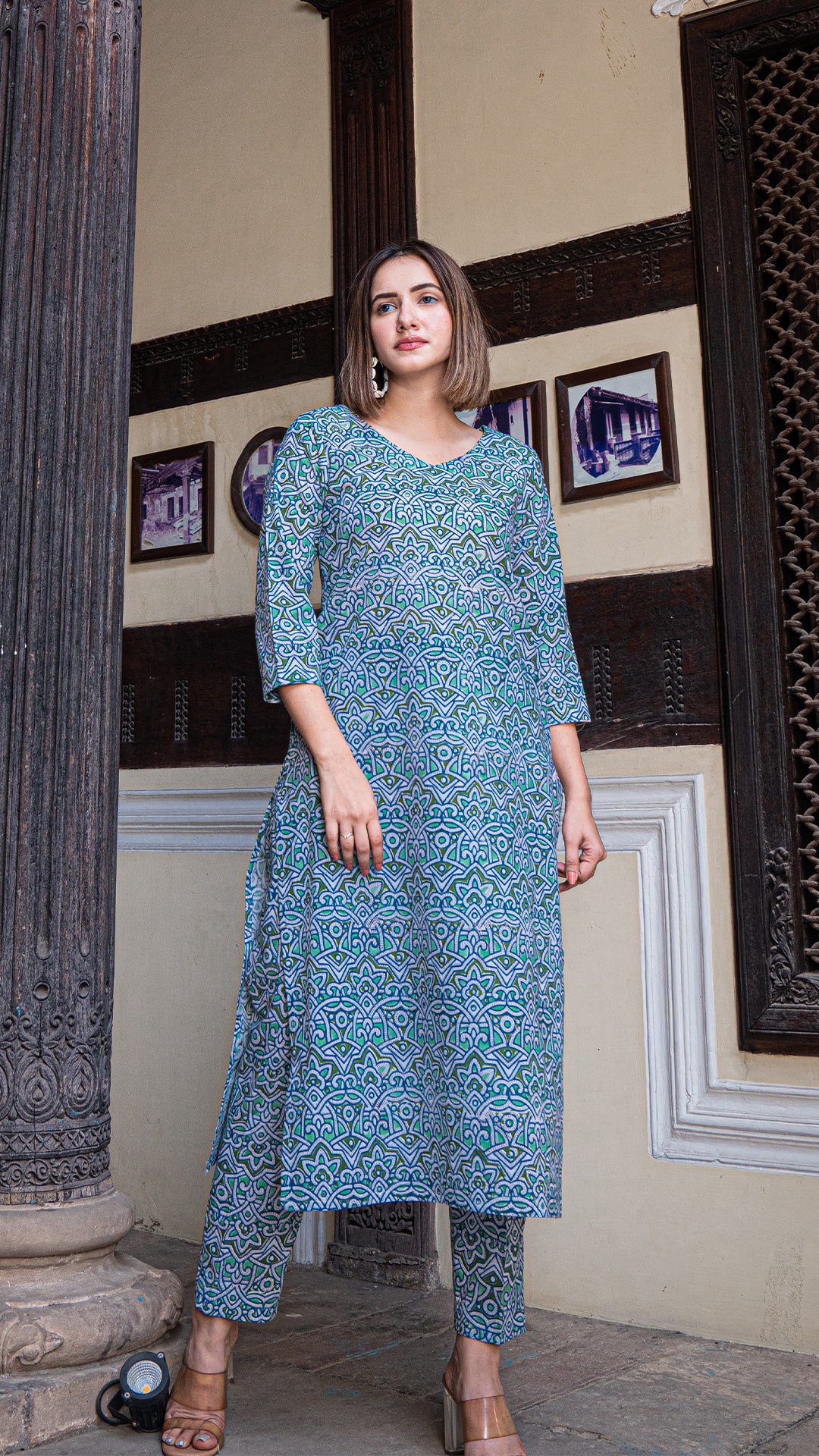 Green Geometric Print Sanganeri Hand Block Cotton Kurta