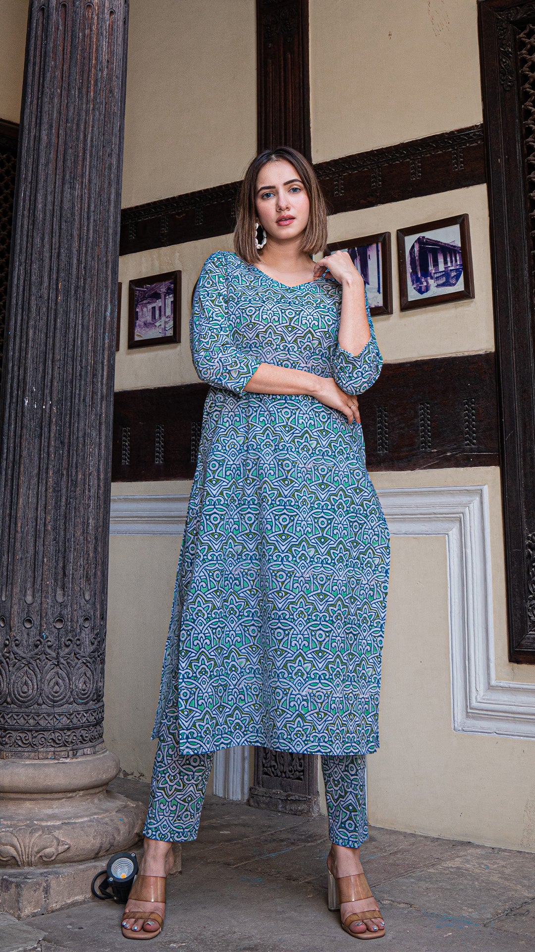 Green Geometric Print Sanganeri Hand Block Cotton Kurta