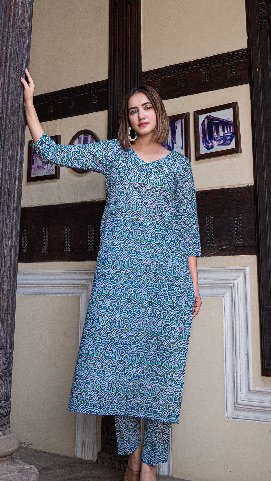 Green Geometric Print Sanganeri Hand Block Cotton Kurta