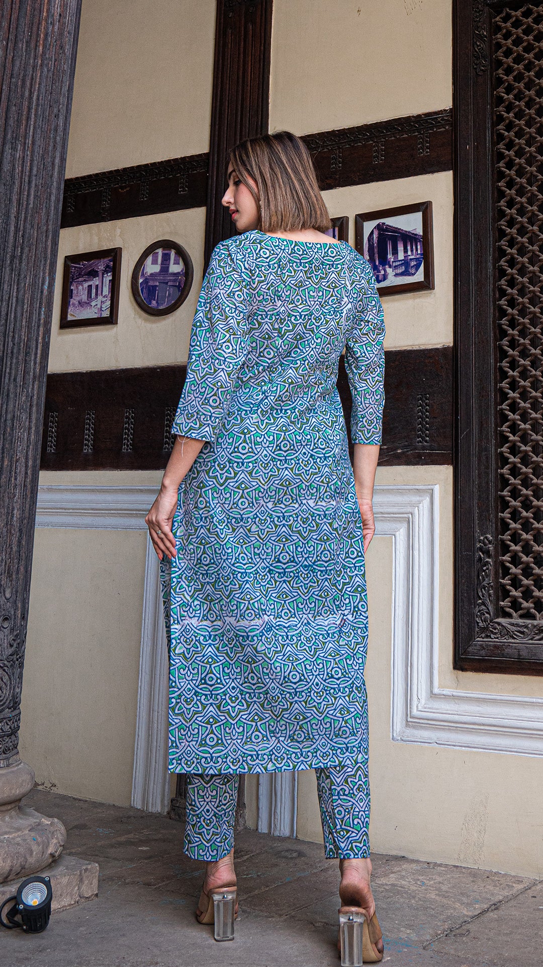 Green Geometric Print Sanganeri Hand Block Cotton Kurta