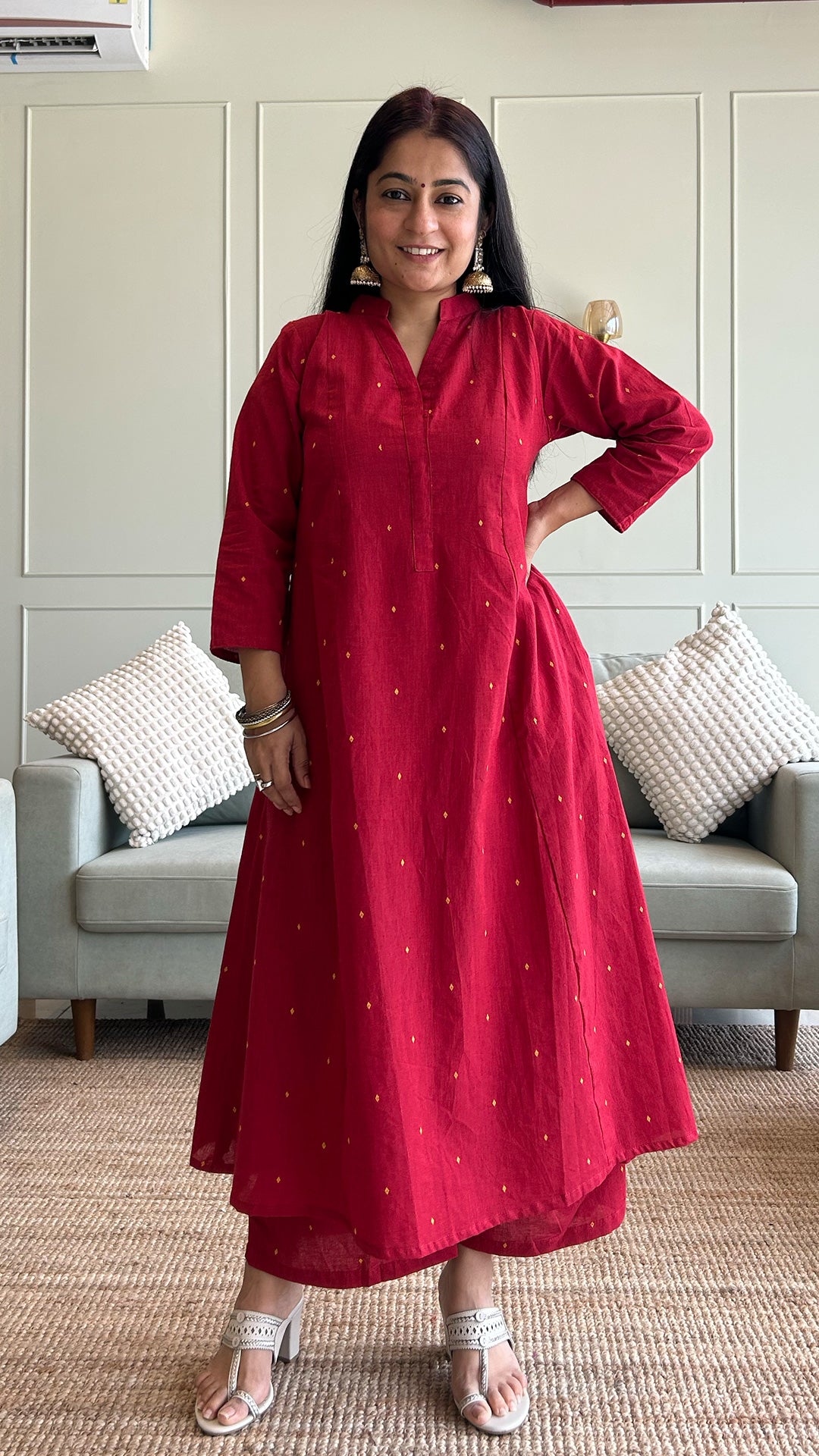 Aditi - Hand Woven Kali Cotton Kurta Set in Red