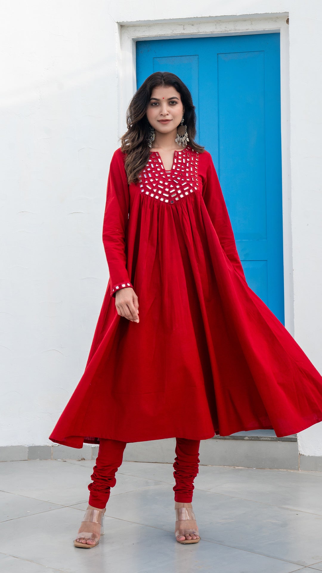 Red Mirror Embroidered Kurta In Cotton