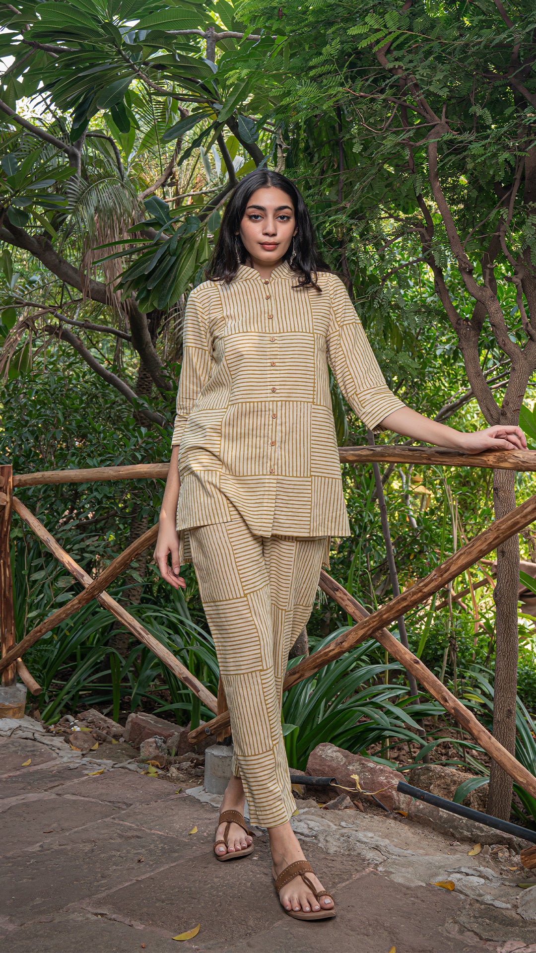 Kanika Bagru High/Low Co-ord Set In Cotton - Mustard Stripes