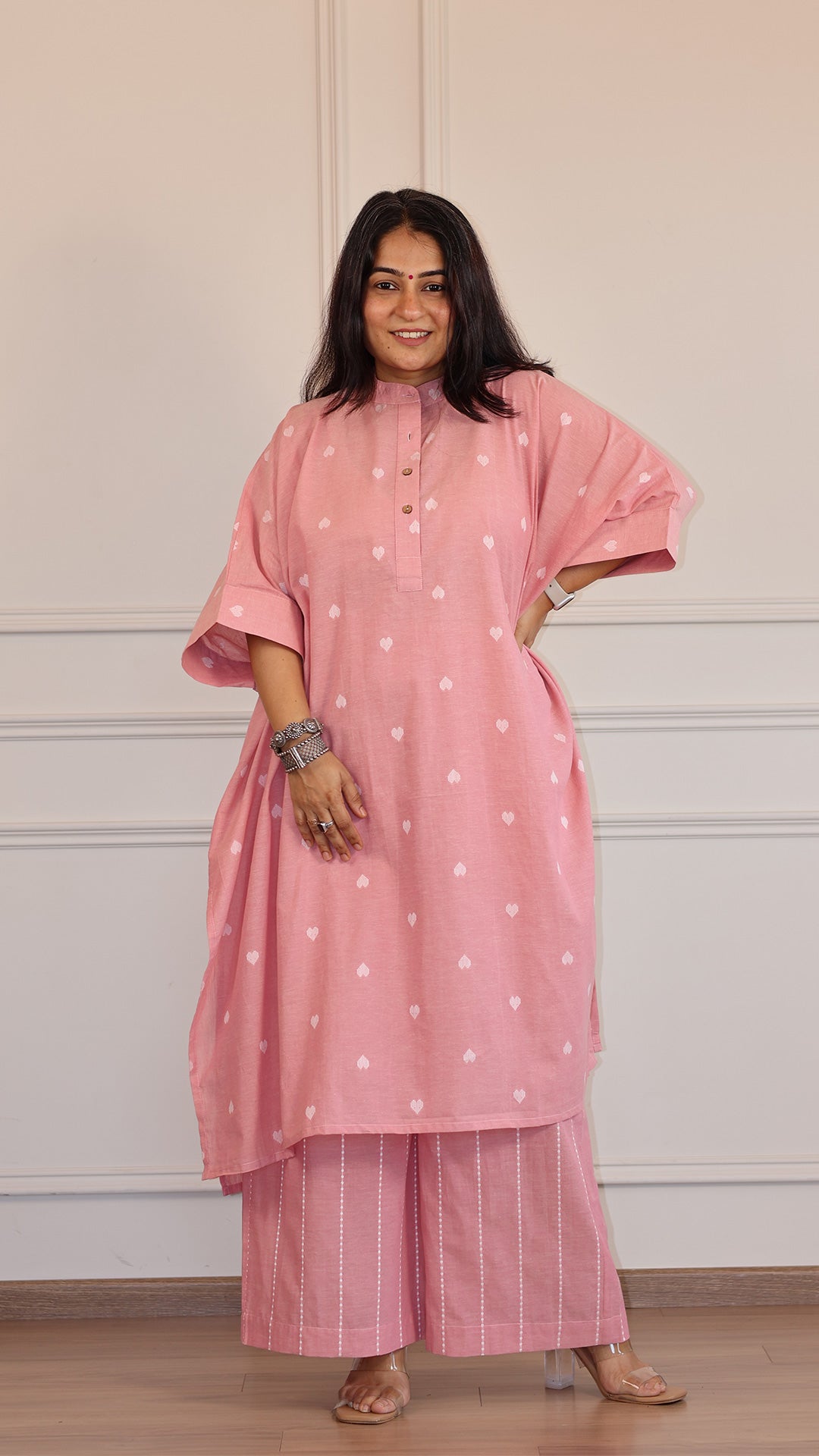 Hearts Handwoven Cotton Kaftan Co-ord - Pink