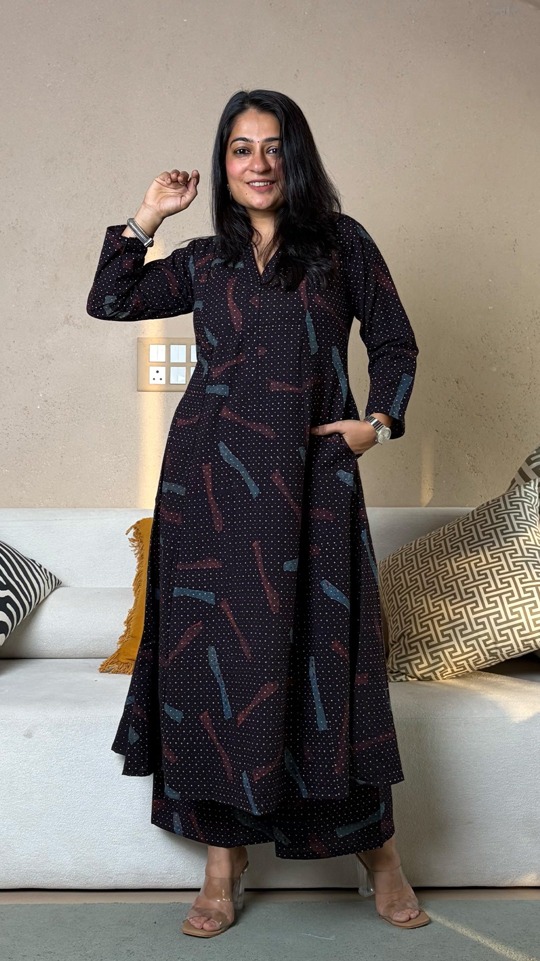 Aaryah Ajrakh Kali Kurta In Cotton - Black