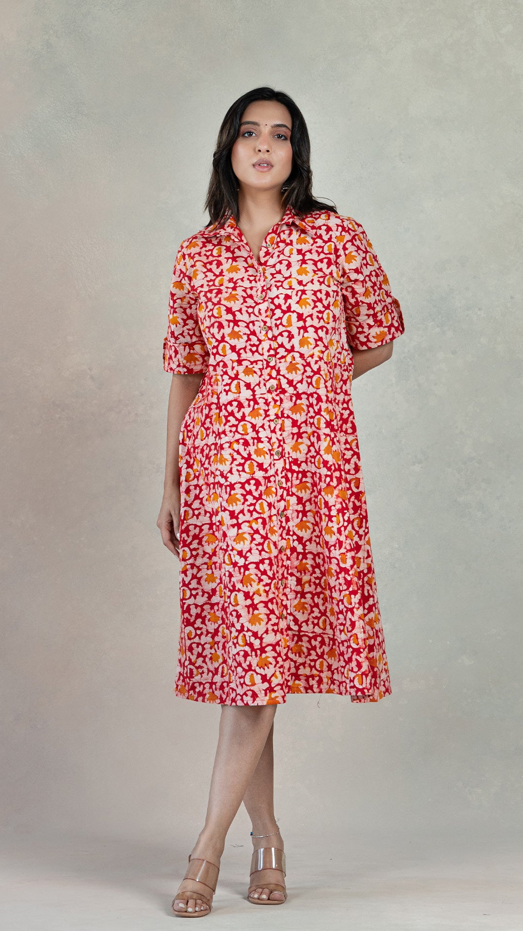 Nosha Batik Hand Block Cotton Shirt Dress : Red