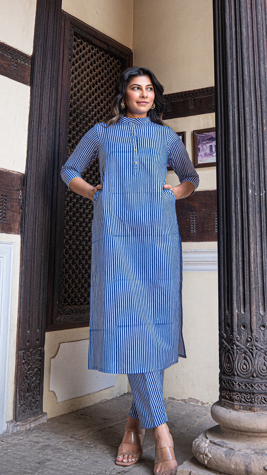 Blue Stripes Hand Block Cotton Kurta