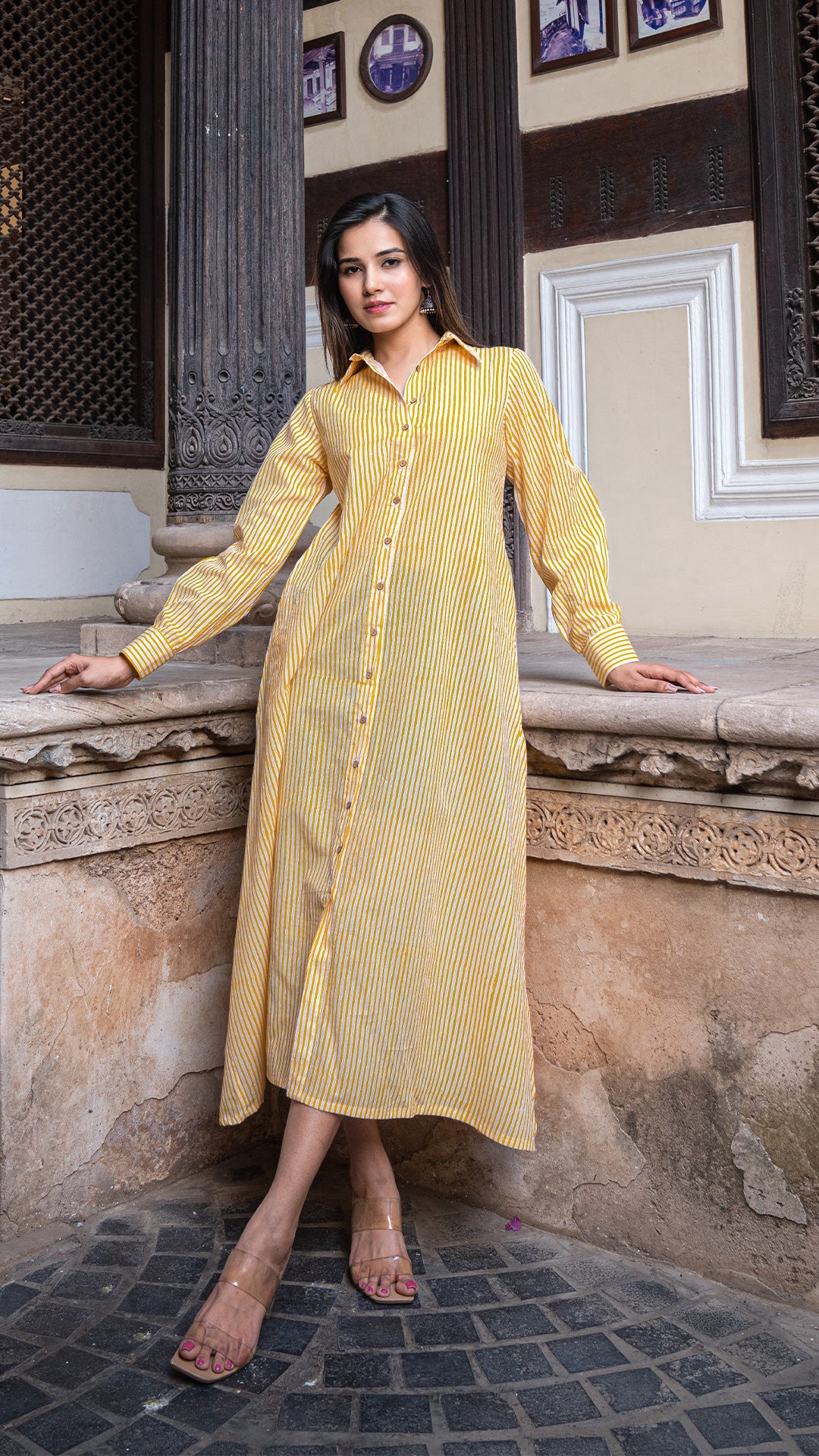 Yellow Stripes Cotton Shirt Dress