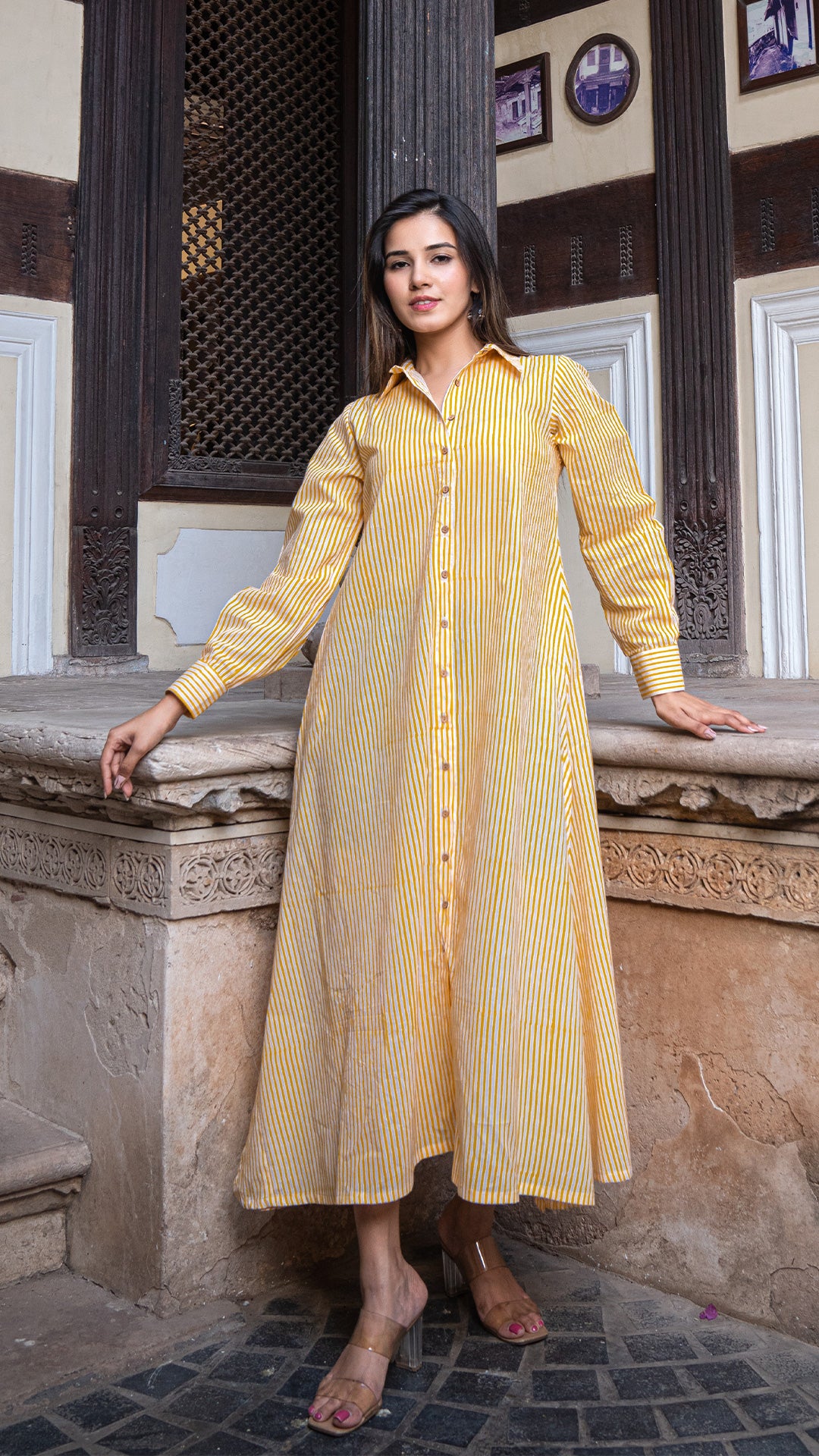 Yellow Stripes Cotton Shirt Dress