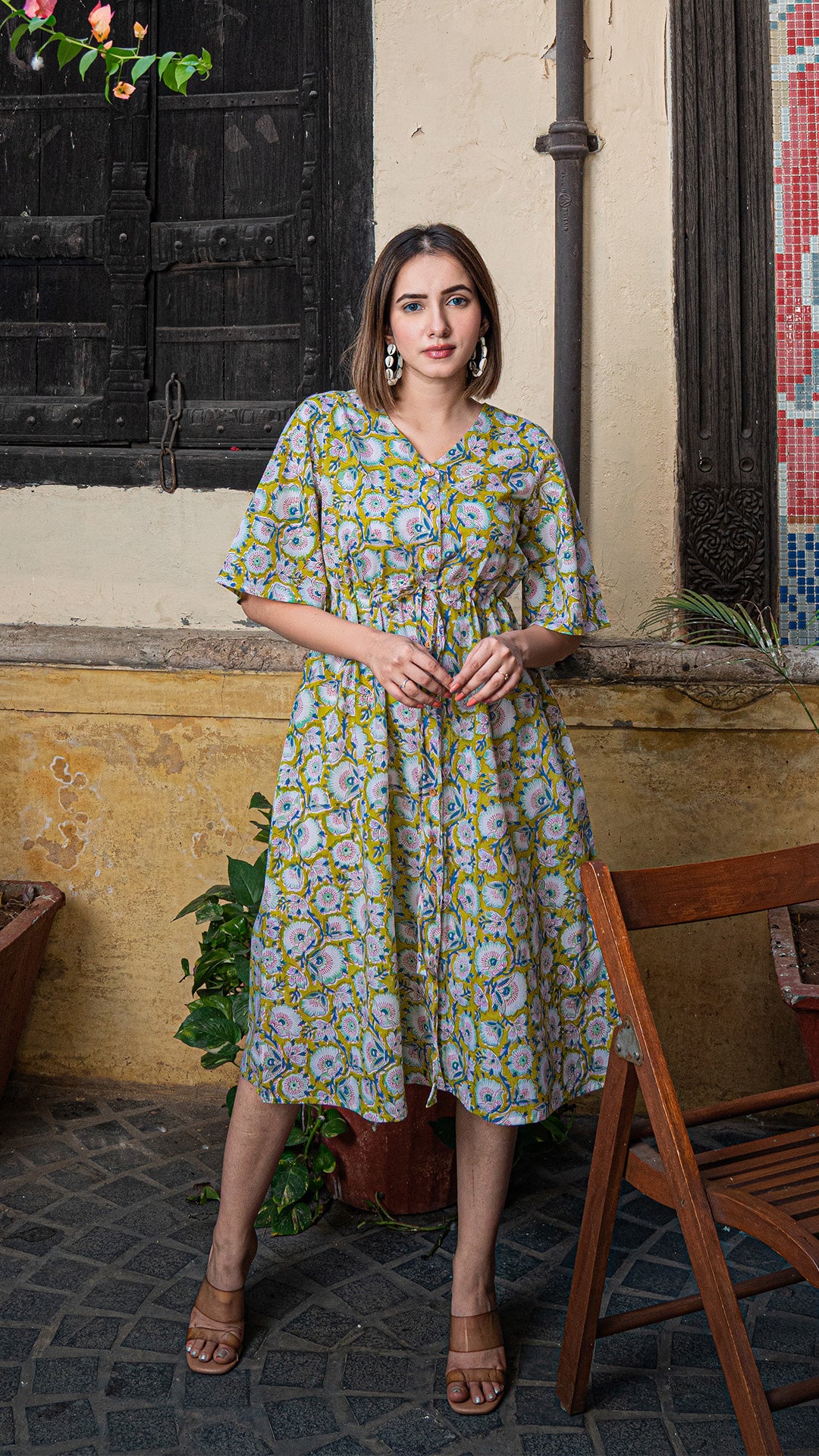 Aarya Sanganeri Print Cotton Shirt Dress - Pale Yellow